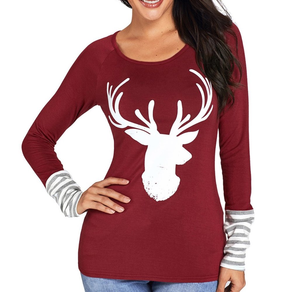 Wine Red Reindeer Long Sleeve Blouse